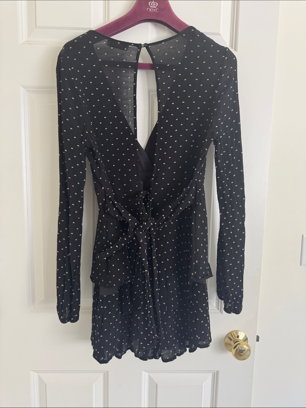 Black V-Neck Long Sleeve Mini Romper with White Dot Print